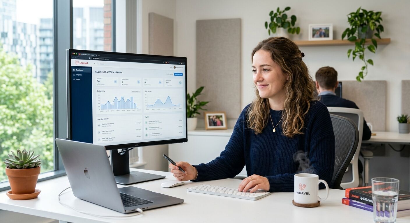 Content female Laravel developer, late 20s, smiling subtly while reviewing a live web application on a large monitor. Coffee cup nearby. Clean, minimalist office setting with a plant. Feeling of accomplishment, realistic, professional.