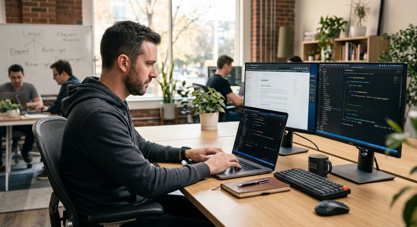 A focused male Laravel developer, mid-30s, coding on a MacBook Pro, screen displaying Laravel code editor, sleek minimalist desk, subtle coffee cup, warm natural light from a window, modern office background, professional, realistic.