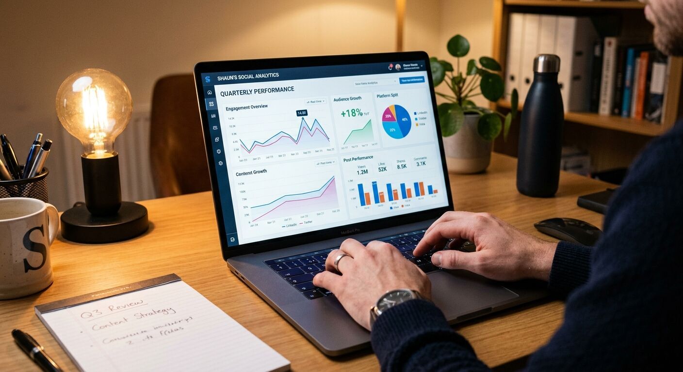 Close-up of 'Shaun's' hands typing on a sleek laptop keyboard, displaying a sophisticated social media analytics dashboard on screen, surrounded by professional office accessories and a warm desk lamp glow.