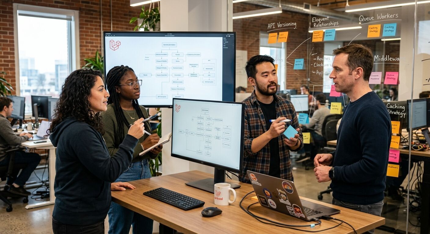 Diverse team of 3-4 Laravel developers collaborating intently around a large monitor displaying complex Laravel application architecture, brainstorming with sticky notes on a glass board, modern open-plan office, dynamic, professional lighting.