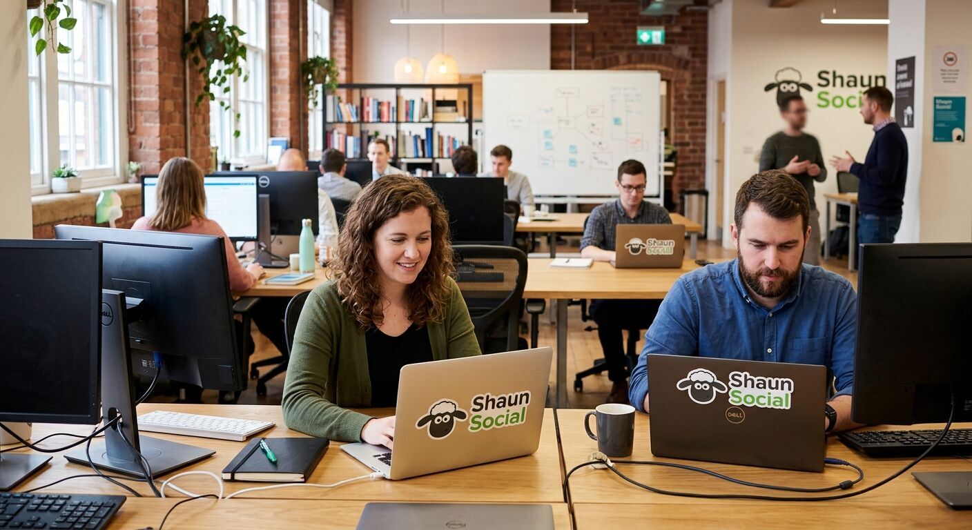 Laptops in office with shaun social logo on them - concept visualization