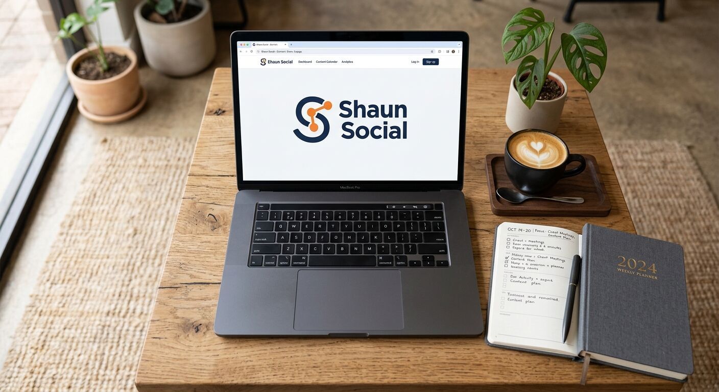 Overhead view of a dark grey laptop with the 'Shaun Social' logo clearly visible on the display, situated on a stylish, clean wooden table. Accompanying elements include a premium coffee cup and a neatly organized planner, conveying focused work.