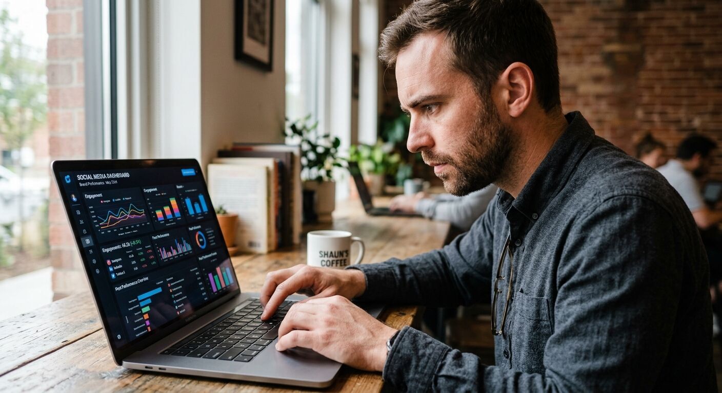 Close-up of a professional, possibly named Shaun, focused intently on a laptop screen displaying a modern social media analytics dashboard. Soft, natural light illuminates his face, conveying concentration and data analysis. Detailed hands are visible typing on the keyboard, with a subtle depth of field.