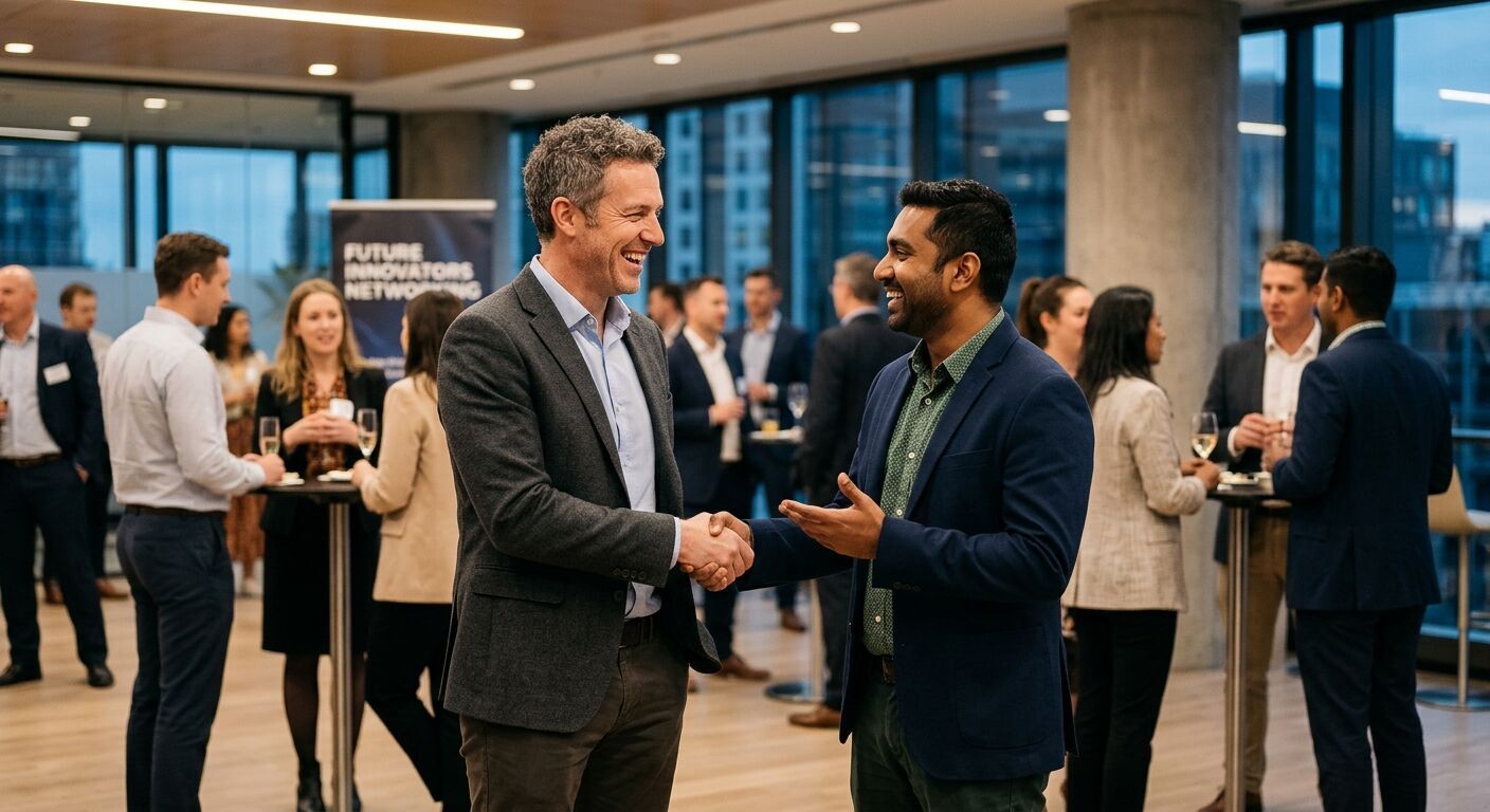 A confident professional, appearing to be Shaun, engaging in a lively conversation and shaking hands with a colleague at a sophisticated networking event. The background is softly blurred with other diverse professionals and contemporary office architecture. Authentic smiles, business casual attire.