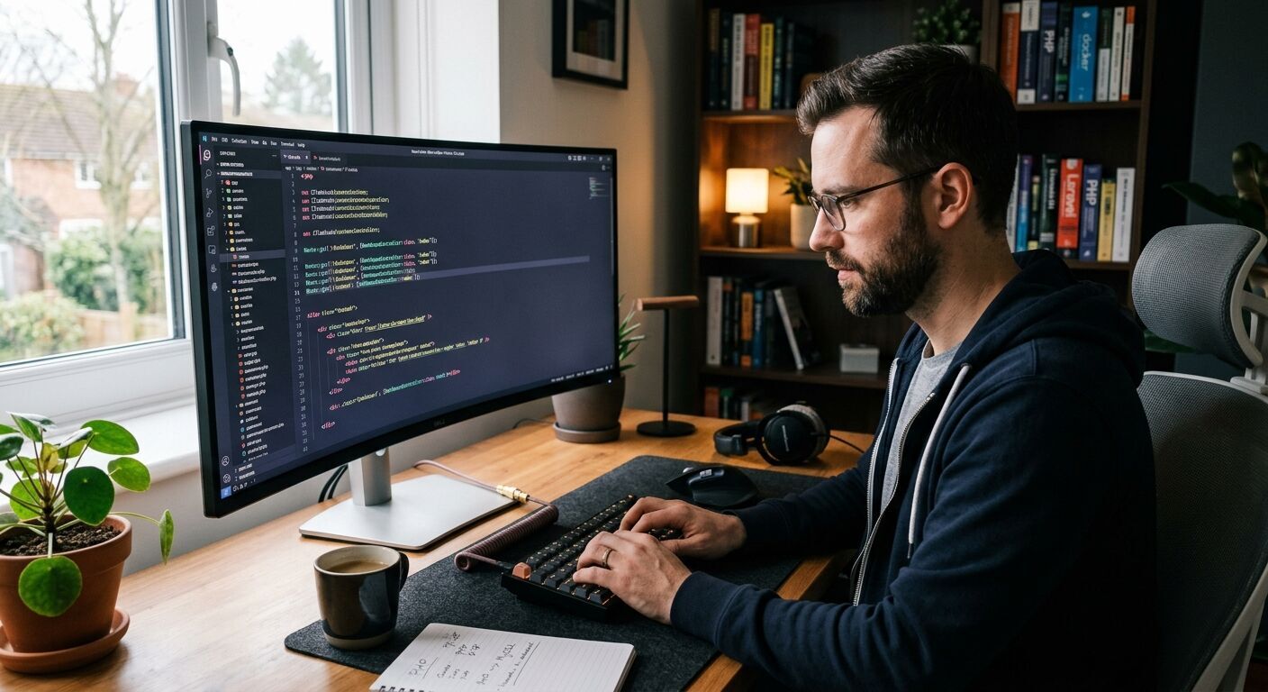 A focused male Laravel developer, mid-30s, working intently on a sleek ultrawide monitor displaying PHP code in a modern home office. Soft, natural light illuminates his hands on a mechanical keyboard. Realistic, professional, subtle background blur.