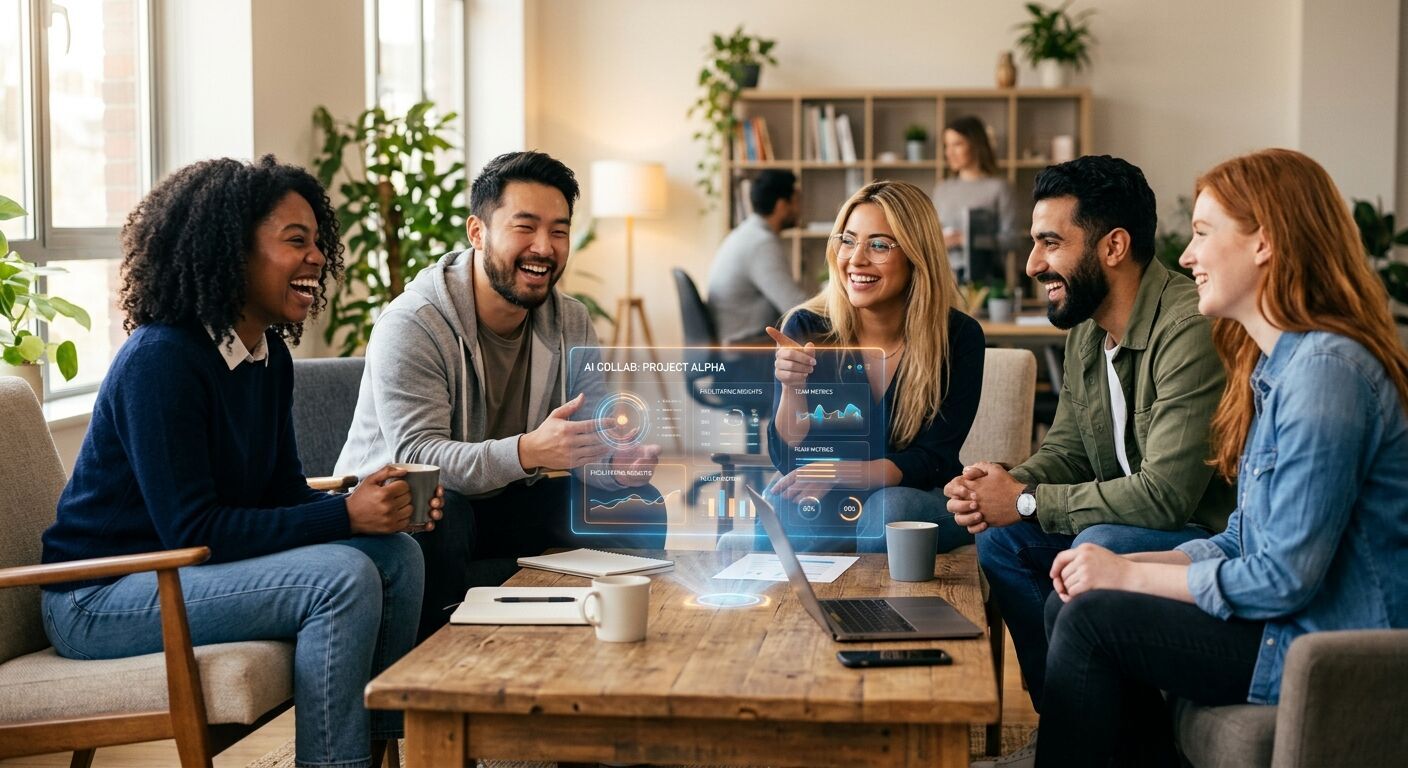 A diverse group of young professionals laughing and engaging, subtly facilitated by a holographic, translucent AI interface floating above a coffee table. Warm, natural light. Ultra-realistic photography, soft focus on background, professional blog post aesthetic.