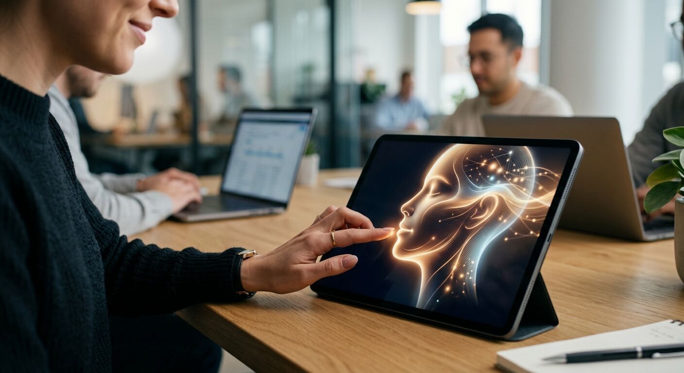 A sleek, minimalist digital avatar with a subtly warm, friendly glow, resembling an abstract human profile, interacting with a person's hand on a tablet screen. The AI projects empathy through light patterns. Modern office environment, soft ambient light, hyper-realistic.