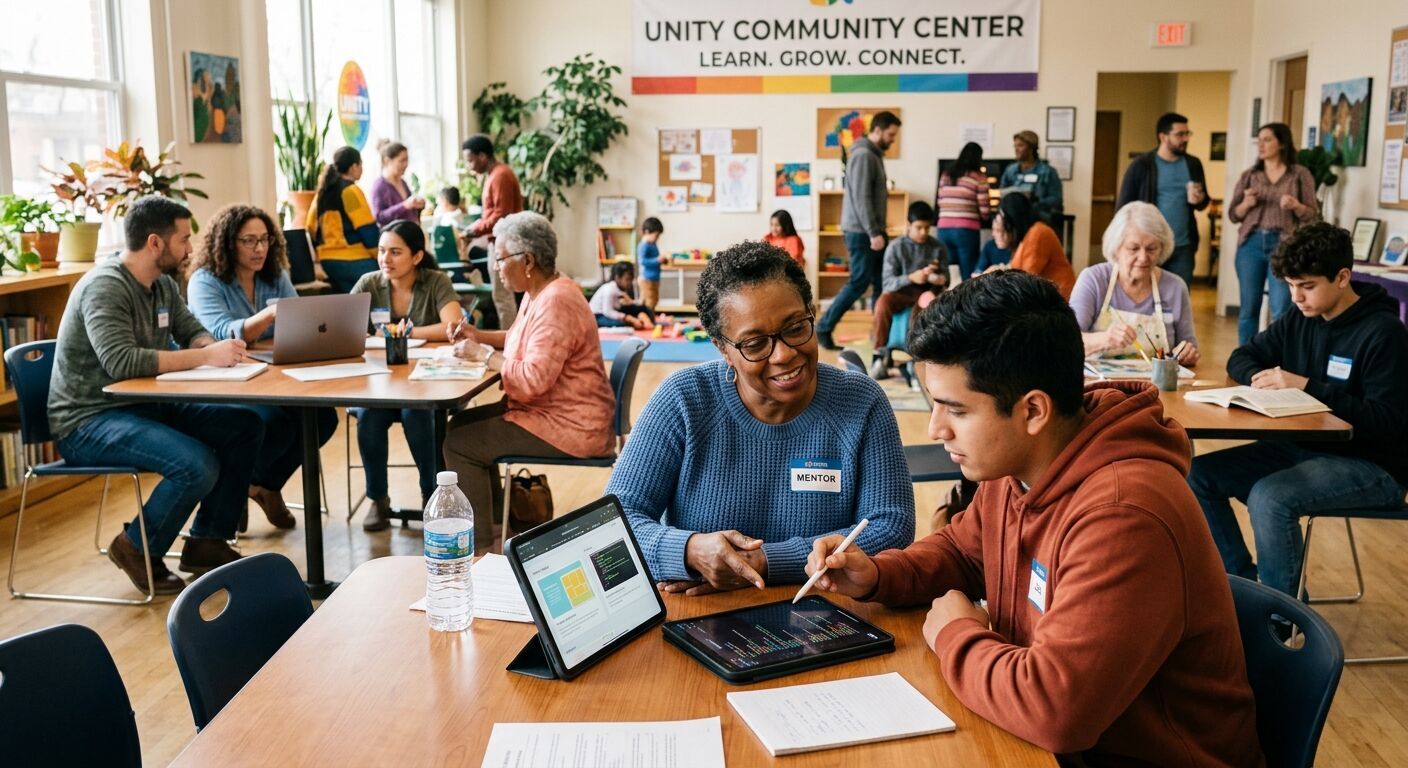 A thoughtful mentor guiding a young adult through a task on a tablet in a vibrant community center, surrounded by other diverse individuals engaging in various activities, emphasizing mentorship and growth.