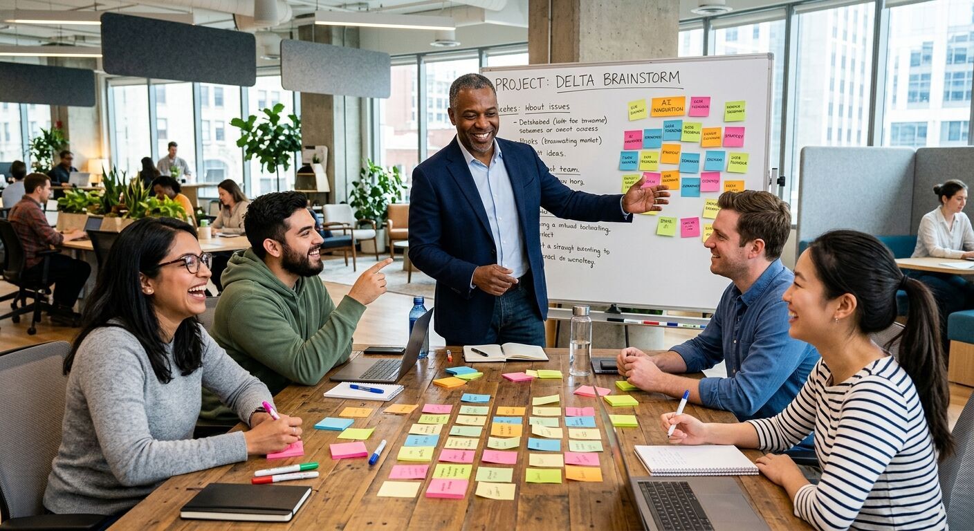 A diverse group of smiling colleagues, led by 'Shaun' in a leadership role, collaborating enthusiastically around a large table, brainstorming ideas with colorful sticky notes in a bright, contemporary open-plan office.