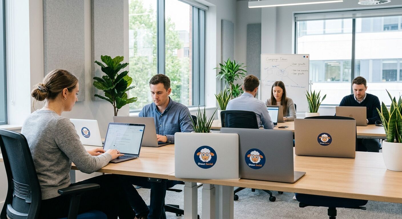 Laptops in office with shaun social logo on them - clean layout