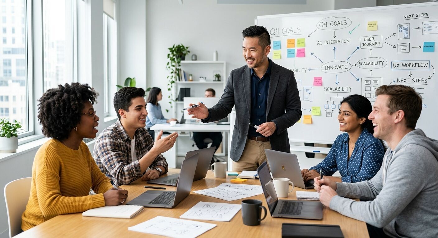 A diverse team, led by a professional resembling Shaun, collaboratively brainstorming around a large table in a bright, minimalist office. Whiteboard in the background with ideas. Dynamic composition captures engaged discussion, innovation, and teamwork. Professional and inspiring.