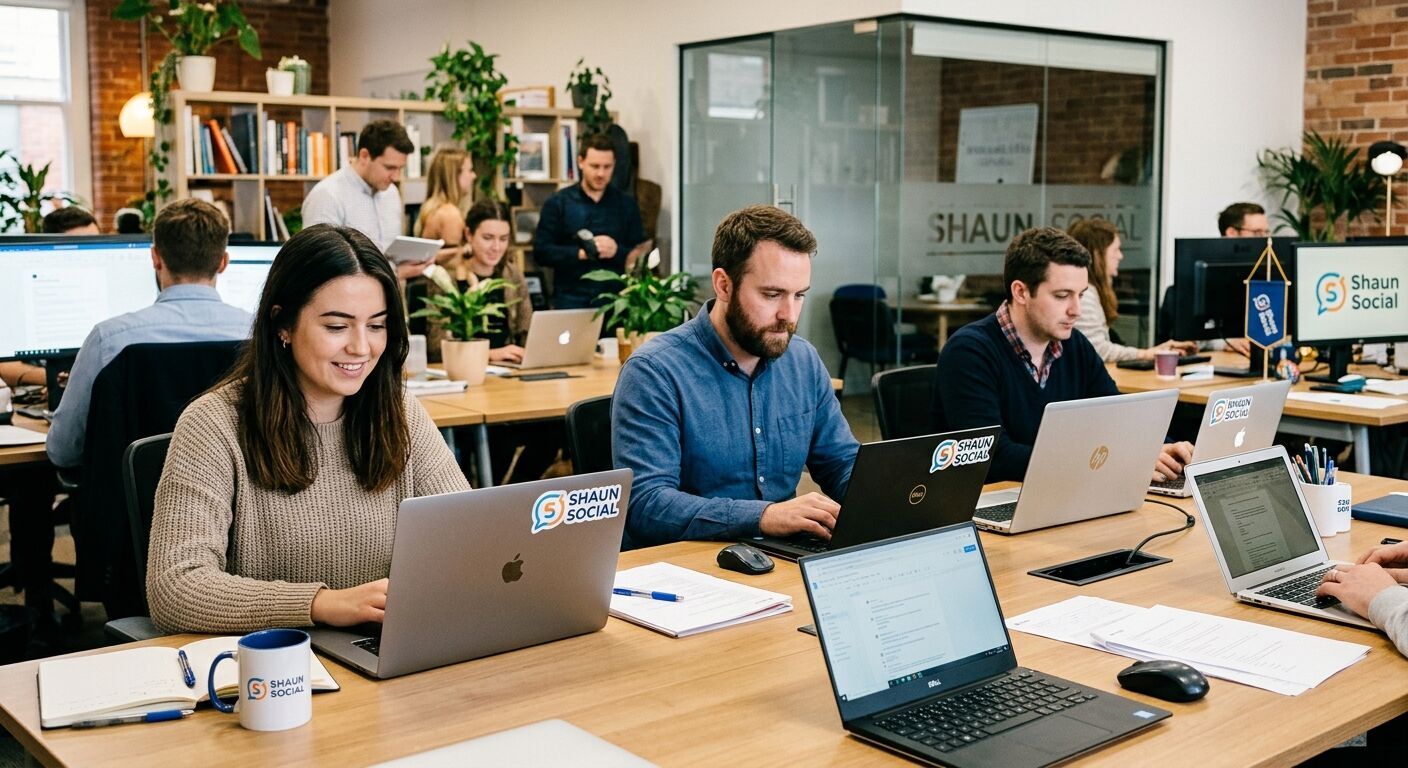 Laptops in office with shaun social logo on them - detailed preview