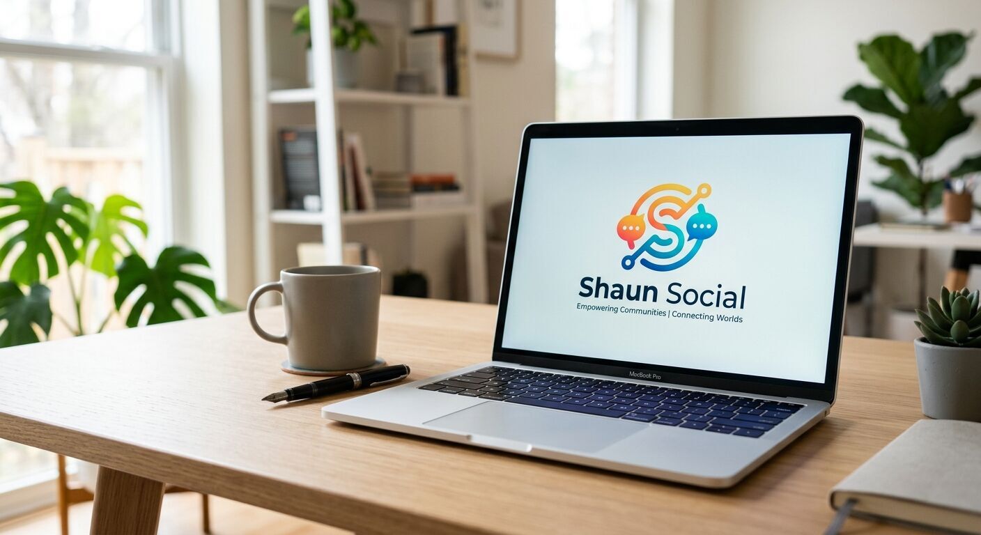 A modern silver laptop open on a minimalist desk, displaying the vibrant 'Shaun Social' logo prominently on its screen. Soft, natural light illuminates the scene, with a blurred background suggesting a productive workspace. Eye-level shot, professional aesthetic.