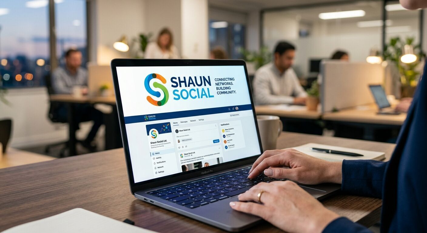 Close-up on a laptop screen featuring the 'Shaun Social' logo, with a professional's hands lightly typing on the keyboard. The setting is a contemporary office environment with soft backlighting, emphasizing digital engagement and connectivity.