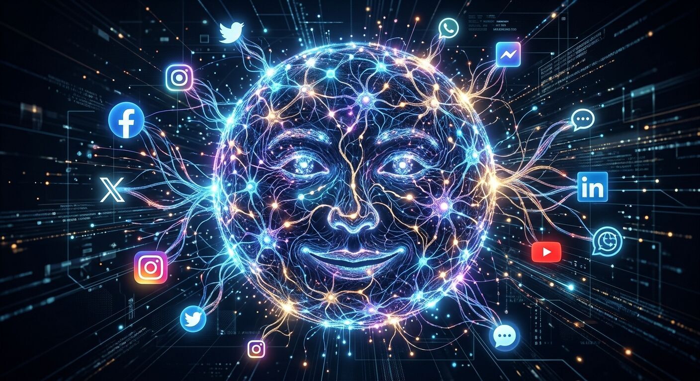 An intricate neural network visualization subtly forming the silhouette of a friendly, abstract human face within a glowing digital sphere. Connecting digital tendrils extend to stylized icons representing global social networks. Dark background, vibrant light, hyper-realistic, professional.