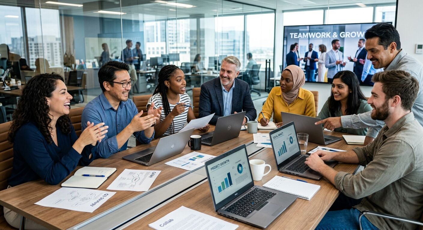 A diverse group of professionals actively collaborating around a modern conference table, engaged in lively discussion, with shared documents and laptops, reflecting teamwork and social development in a corporate setting.