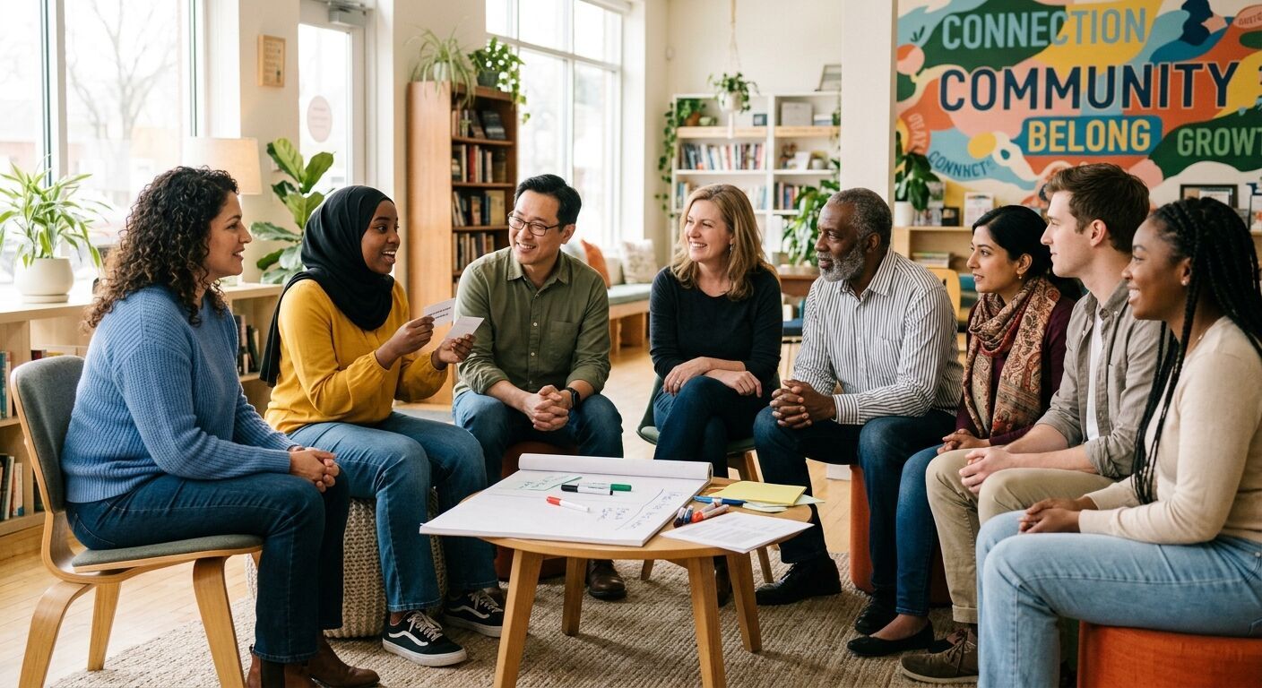 A supportive circle of individuals from different backgrounds participating in an inclusive group activity, showcasing active listening and positive interaction, fostering connection and community development in a bright, welcoming space.