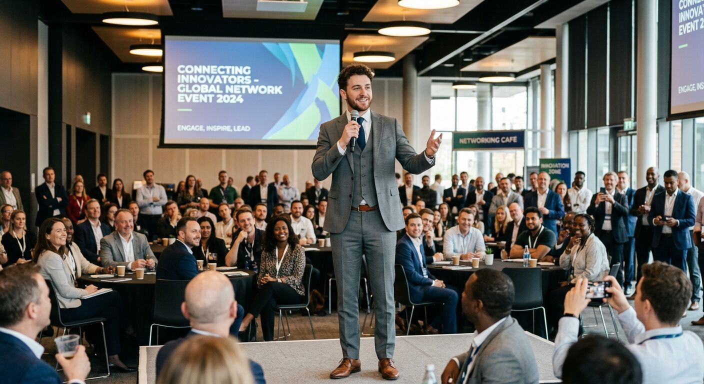 A charismatic young professional, resembling 'Shaun,' confidently presenting at a bustling corporate networking event, actively engaging with a diverse audience in a modern, well-lit conference hall.