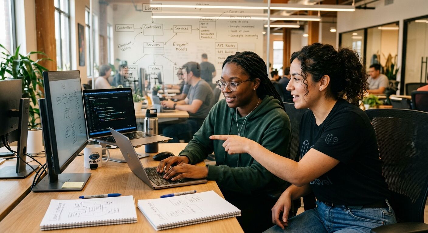 Two diverse Laravel developers, one male, one female, collaborating intently in a modern co-working space, discussing code on a shared laptop screen. Whiteboard with architectural diagrams faintly visible. Professional, warm lighting, realistic.